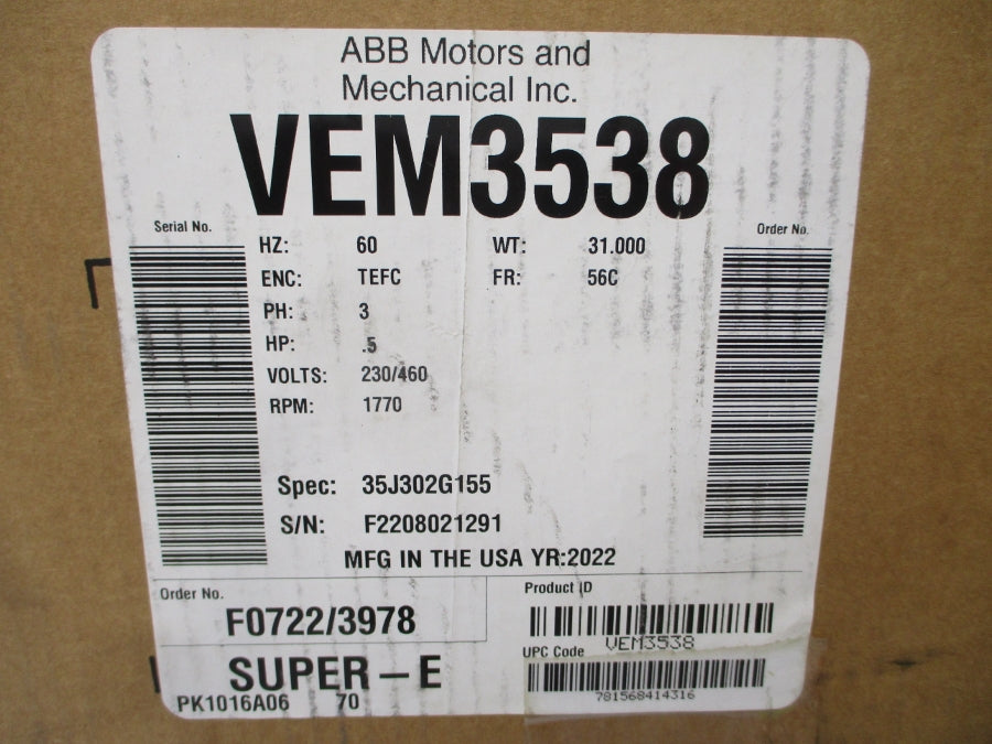 BALDOR VEM3538 35J302G155 230/460V 1.8/.9A NSMP