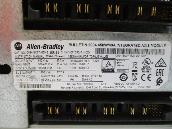 ALLEN BRADLEY 2094-BC07-M05-S SER. C F/W 1.136 380/480VAC 71A UNMP