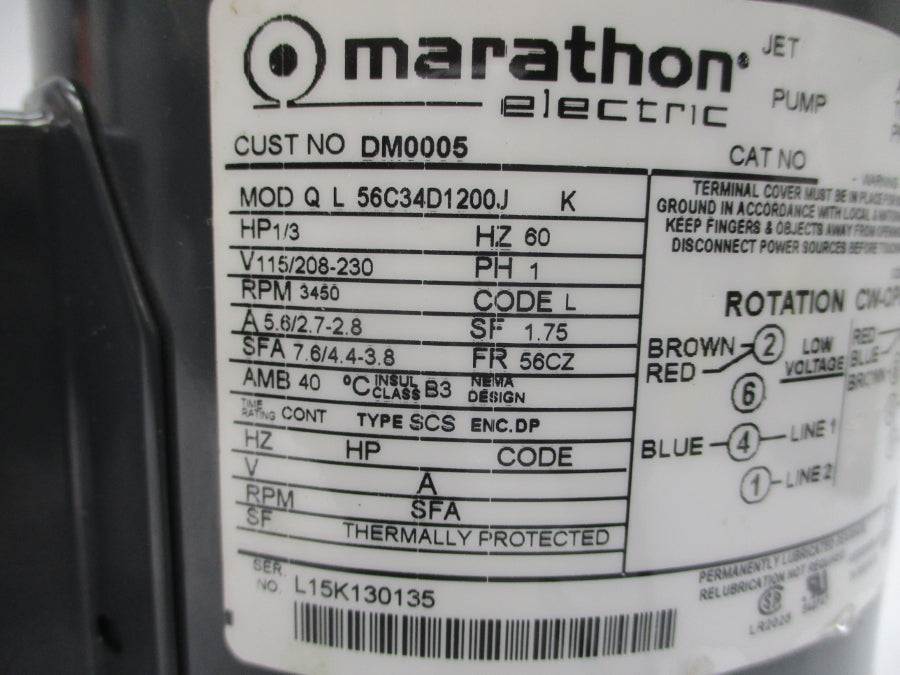 MARATHON ELECTRIC DM0005 QL56C34D1200JK 115/208-230V 5.6/2.7-2.8A NSNP