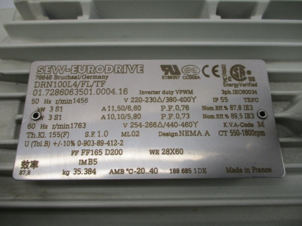 SEW-EURODRIVE DRN100L4/FL/TF 254-266/440-460V 11.50/6.60-10.10/5.80A NSNP