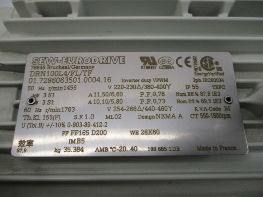 SEW-EURODRIVE DRN100L4/FL/TF 254-266/440-460V 11.50/6.60-10.10/5.80A NSNP