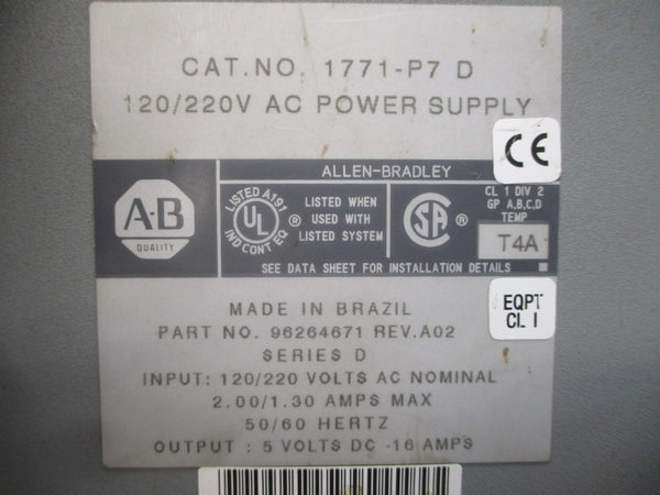 ALLEN BRADLEY 1771-P7 SER. D 120/220VAC 2.00/1.30A REV. A02 UNMP