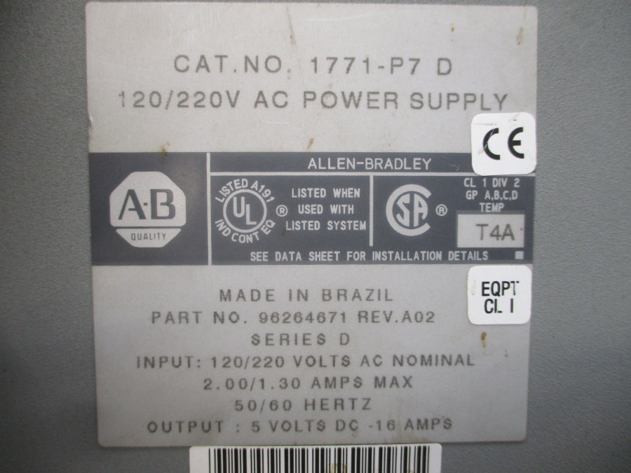 ALLEN BRADLEY 1771-P7 SER. D 120/220VAC 2.00/1.30A REV. A02 UNMP
