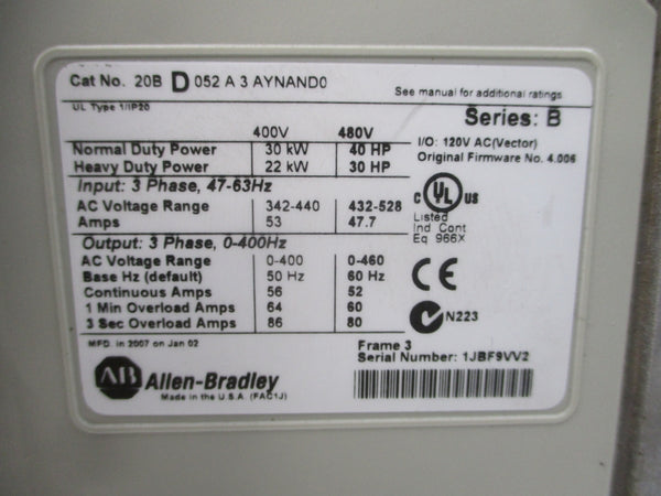ALLEN BRADLEY 20BD052A3AYNAND0 SER. B F/W 4.006 480VAC 52A (AS PICTURED) UNMP