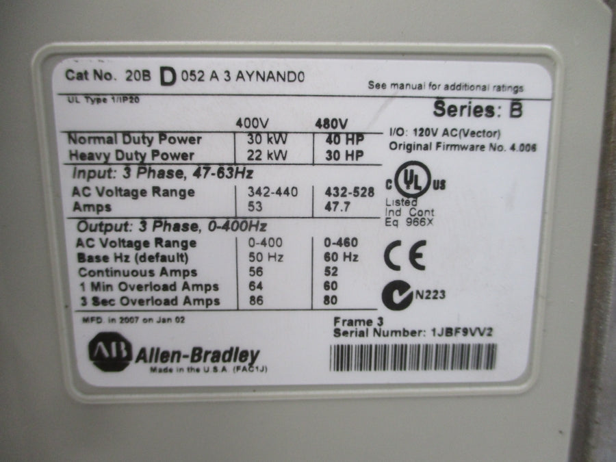 ALLEN BRADLEY 20BD052A3AYNAND0 SER. B F/W 4.006 480VAC 52A (AS PICTURED) UNMP