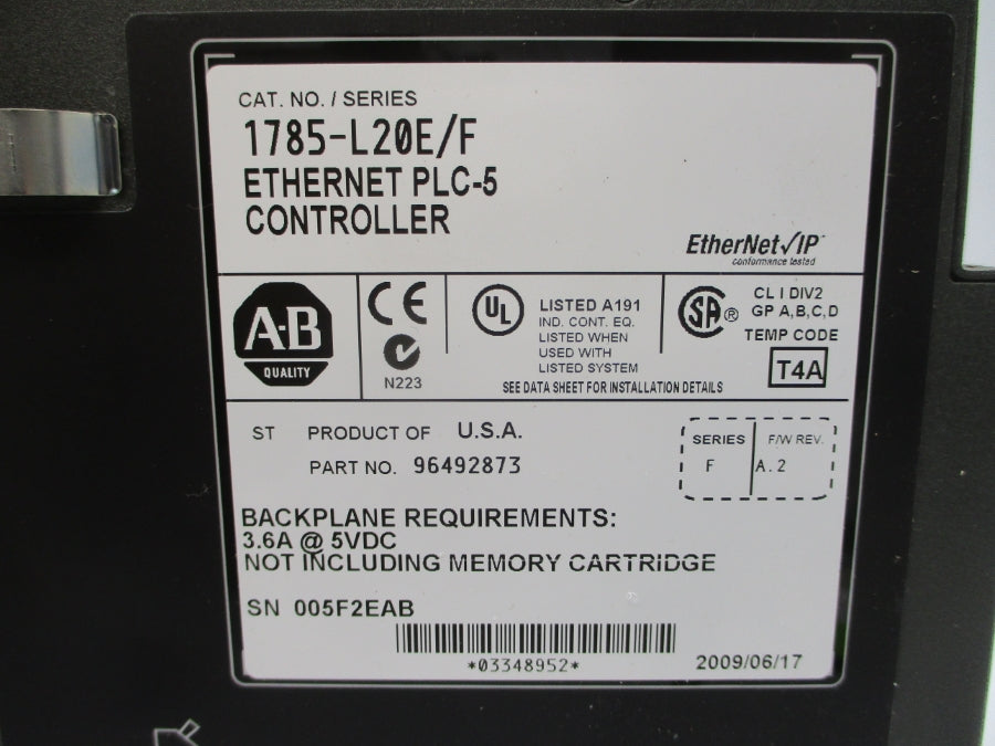 ALLEN BRADLEY 1785-L20E SER. F F/W A.2 5VDC 3.6A UNMP