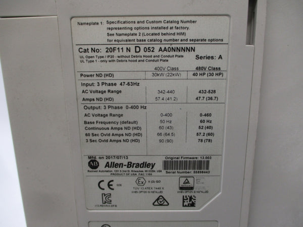 INDUSTRIAL SPARE PART 20F11ND052AA0NNNNN SER. A F/W 13.003 480VAC 52A UNMP