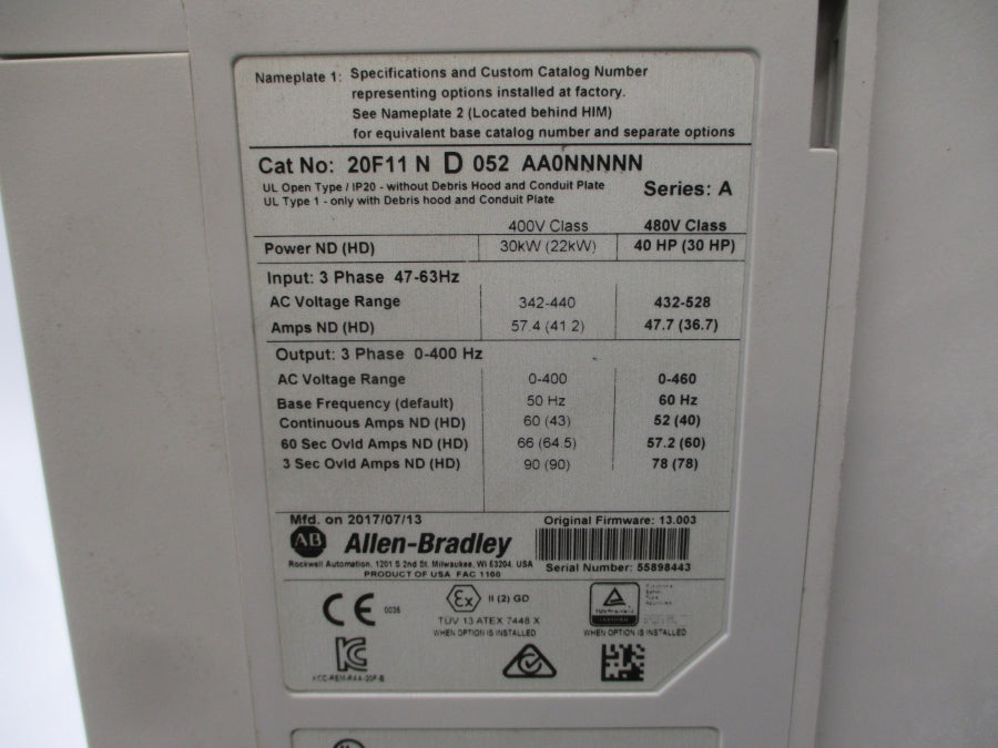 ALLEN BRADLEY 20F11ND052AA0NNNNN SER. A F/W 13.003 480VAC 52A UNMP