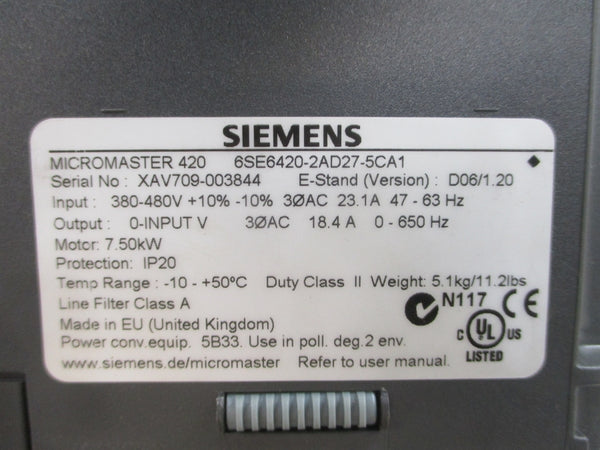 SIEMENS 6SE6420-2AD27-5CA1 380-480VAC 23.1A NSMP