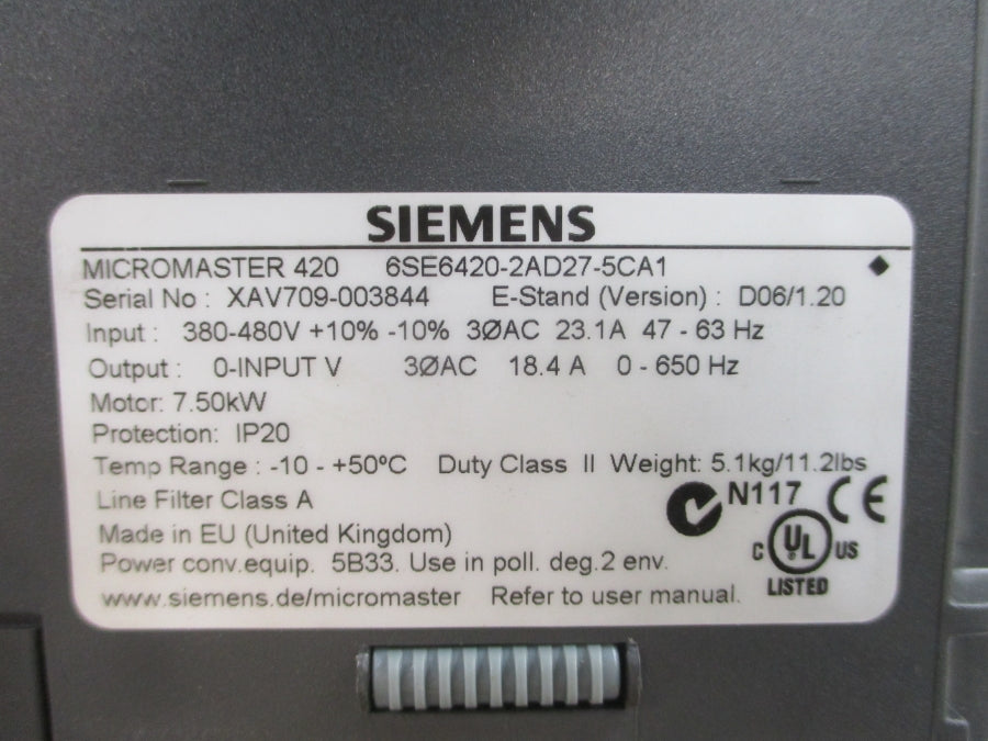 SIEMENS 6SE6420-2AD27-5CA1 380-480VAC 23.1A NSMP