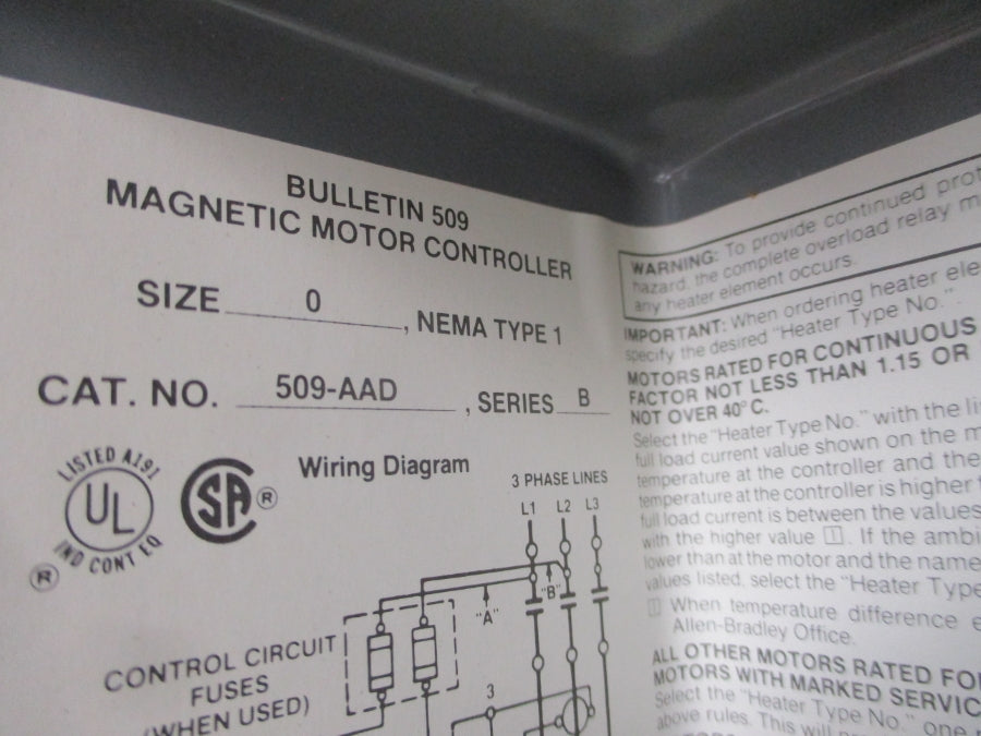 ALLEN BRADLEY 509-AAD SER. B 110/115-120V 18A NSNP