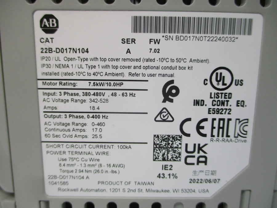ALLEN BRADLEY 22B-D017N104 SER. A F/W 7.02 342-528VAC 18.4A NSMP