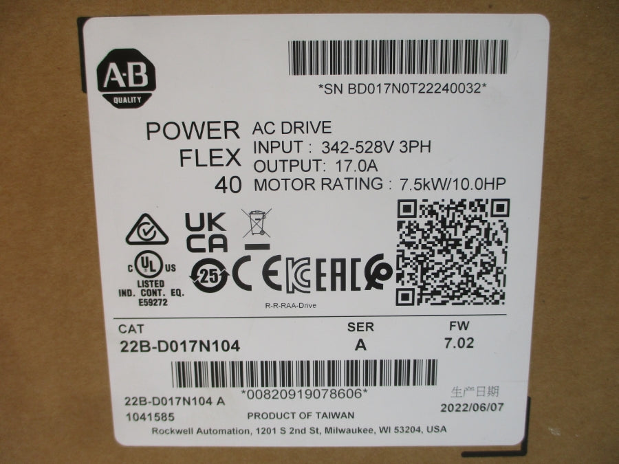 ALLEN BRADLEY 22B-D017N104 SER. A F/W 7.02 342-528VAC 18.4A NSMP