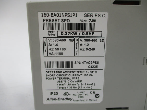 ALLEN BRADLEY 160-BA01NPS1P1 SER. C F/W 7.06 380-460V 1.4A NSMP