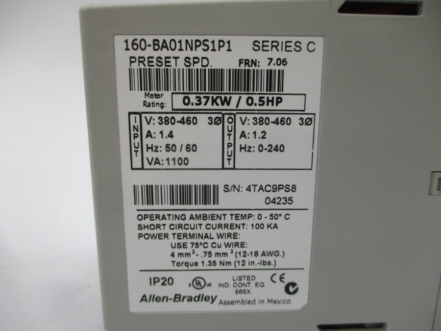 ALLEN BRADLEY 160-BA01NPS1P1 SER. C F/W 7.06 380-460V 1.4A NSMP