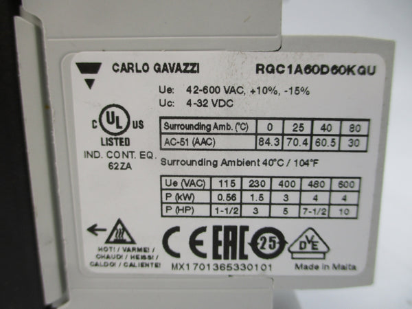 CARLO GAVAZZI RGC1A60D60KGU 600VAC 60A NSMP