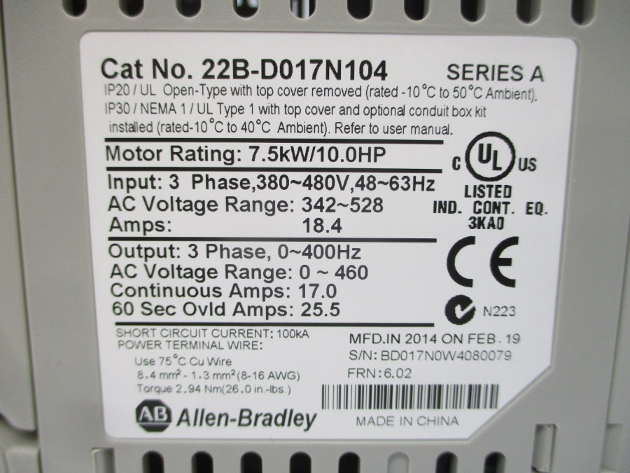 INDUSTRIAL SPARE PART 22B-D017N104 SER. A F/W 6.02 342-528VAC 18.4A NSMP