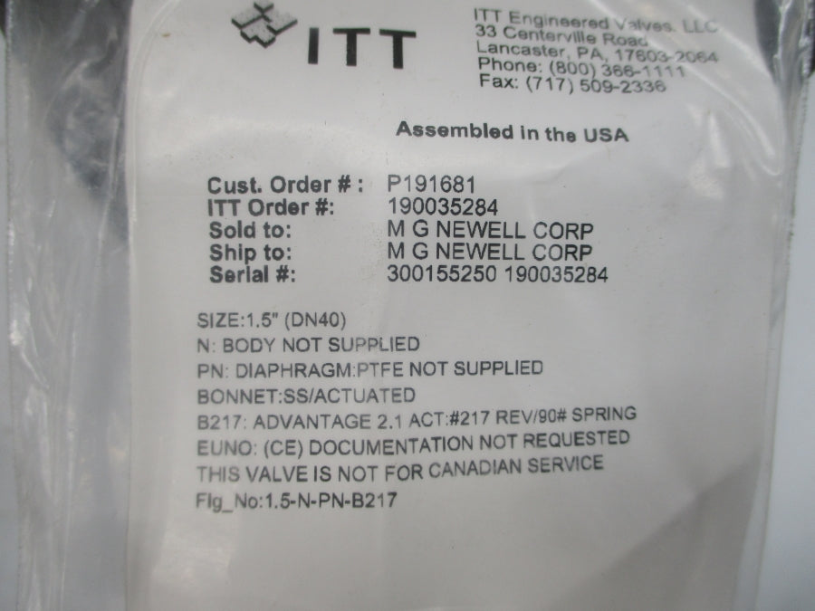 ITT 1.5-N-PN-B217 90PSI 1.5" NSNP