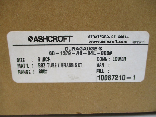ASHCROFT 60-1379-AS-04L-800# 0-800PSI 6" NSMP