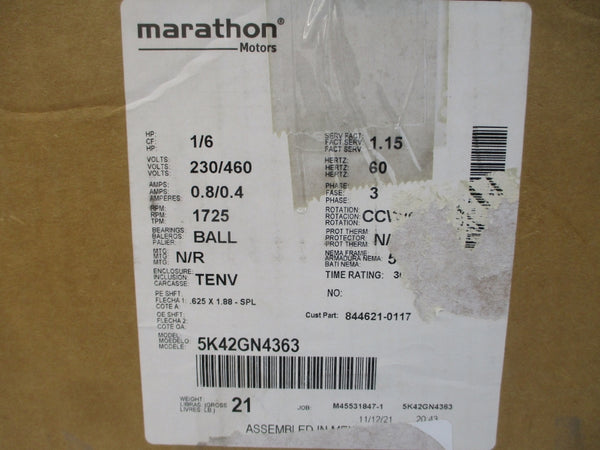 MARATHON MOTORS 5K42GN4363 230/460V 0.8/0.4A NSMP