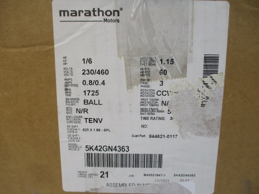 MARATHON MOTORS 5K42GN4363 230/460V 0.8/0.4A NSMP