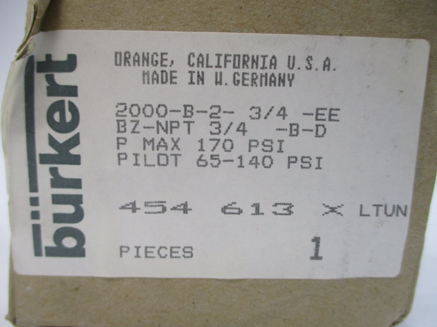 BURKERT 2000-B-2-3/4-EEBZ-NPT3/4-B-D 454613 65-140PSI 3/4" NSMP