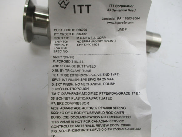ITT 834432 1-F-428-X19-TE1-SFV2-0-0-TM17-36-M7-A20S-SQD1 1" NSMP