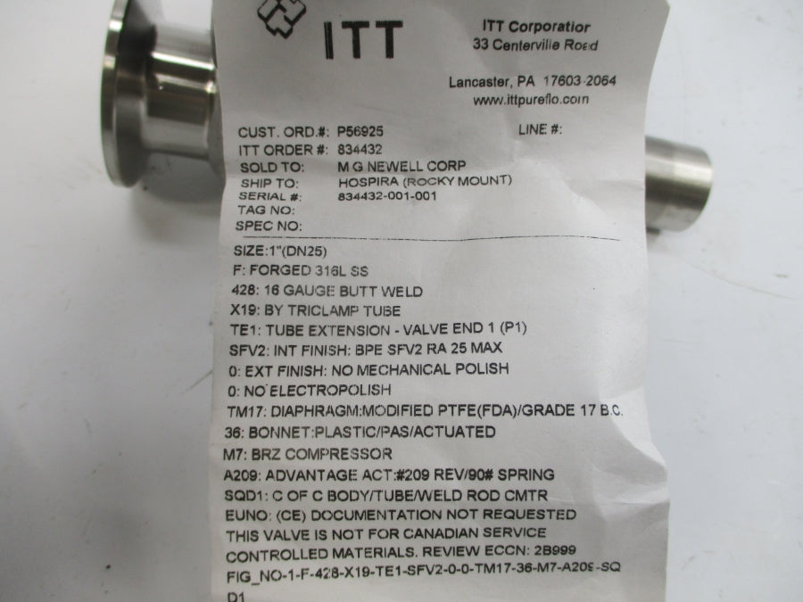 ITT 834432 1-F-428-X19-TE1-SFV2-0-0-TM17-36-M7-A20S-SQD1 1" NSMP