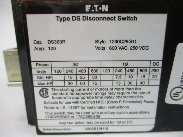 EATON DS363R 1230C28G11 600VAC 100A NSMP