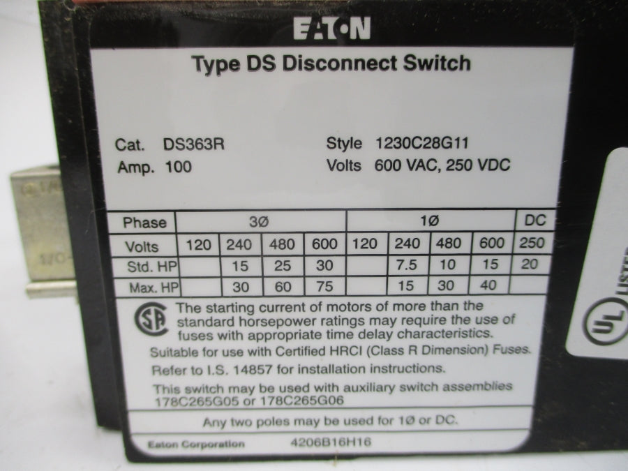 EATON DS363R 1230C28G11 600VAC 100A NSMP