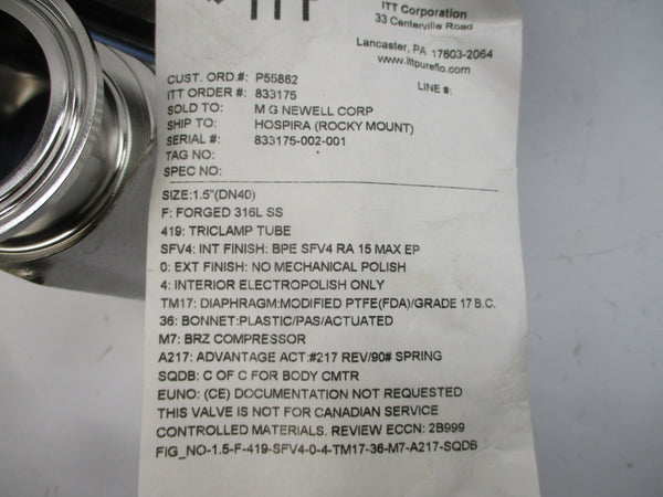 ITT 1.5-F-419-SFV4-0-4-TM17-36-M7-A217-SQDB 90PSI 1.5" NSNP
