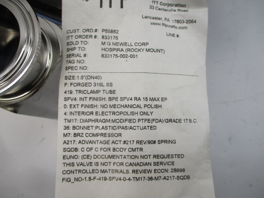 ITT 1.5-F-419-SFV4-0-4-TM17-36-M7-A217-SQDB 90PSI 1.5" NSNP