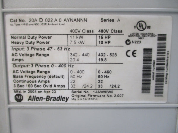 INDUSTRIAL SPARE PART 20AD022A0AYNANNN SER. A F/W 2.007 432-528VAC 22A UNMP