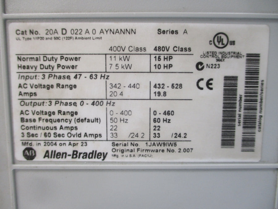 ALLEN BRADLEY 20AD022A0AYNANNN SER. A F/W 2.007 432-528VAC 22A UNMP