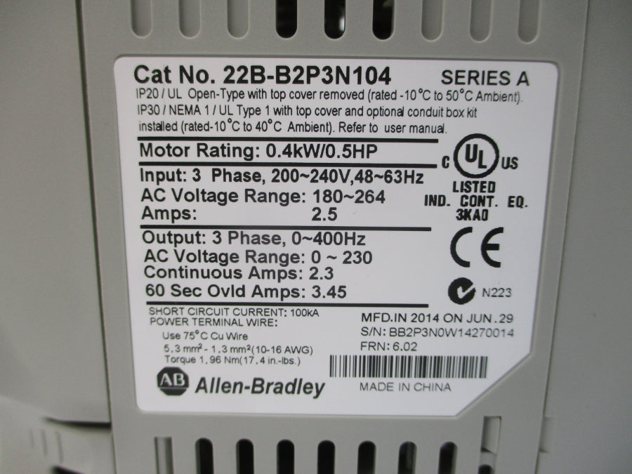 ALLEN BRADLEY 22B-B2P3N104 SER. A F/W 6.02 180-264VAC 2.3A NSMP