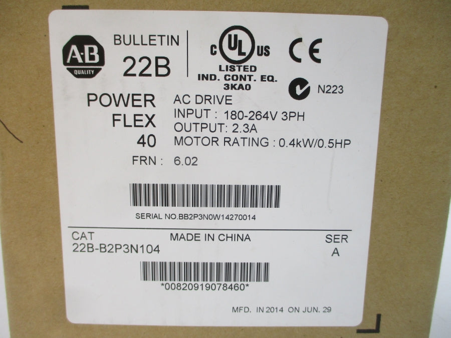ALLEN BRADLEY 22B-B2P3N104 SER. A F/W 6.02 180-264VAC 2.3A NSMP