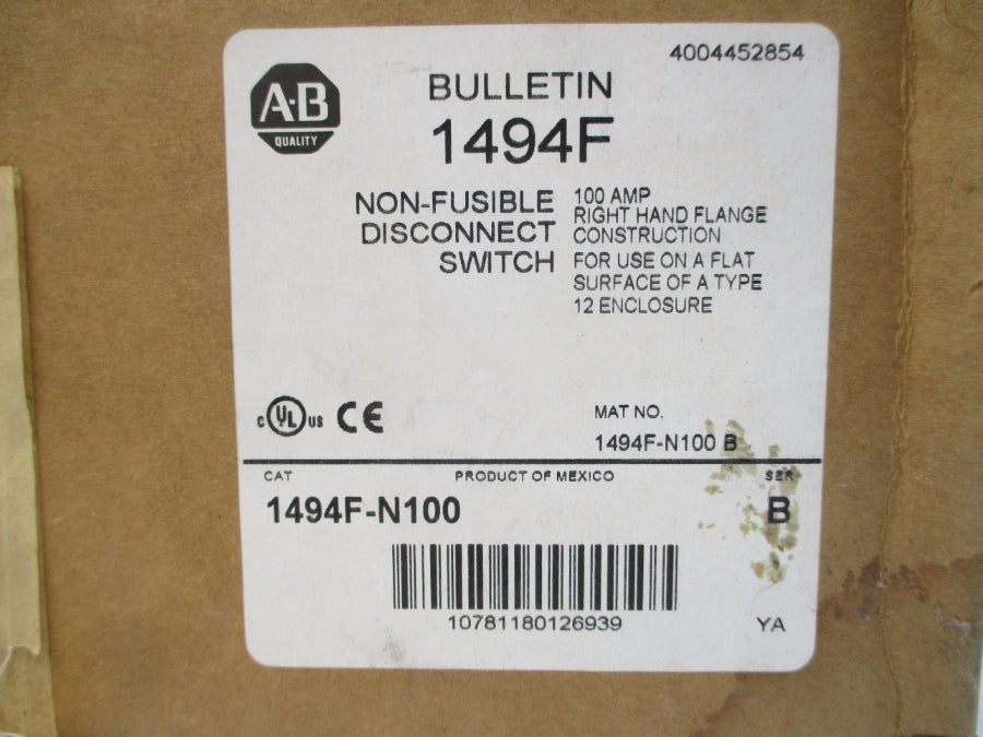 ALLEN BRADLEY 1494F-N100 SER. B 600VAC 100A (BR/WH) NSMP