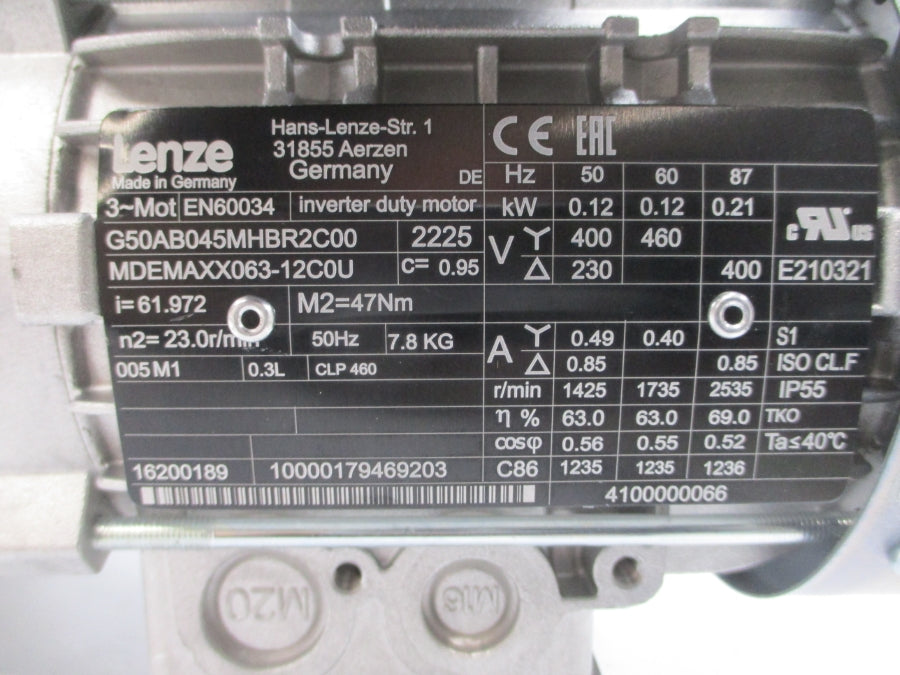 LENZE G50AB045MHBR2C00 EN60034 230-400/460V 0.40-0.49/0.85A NSNP