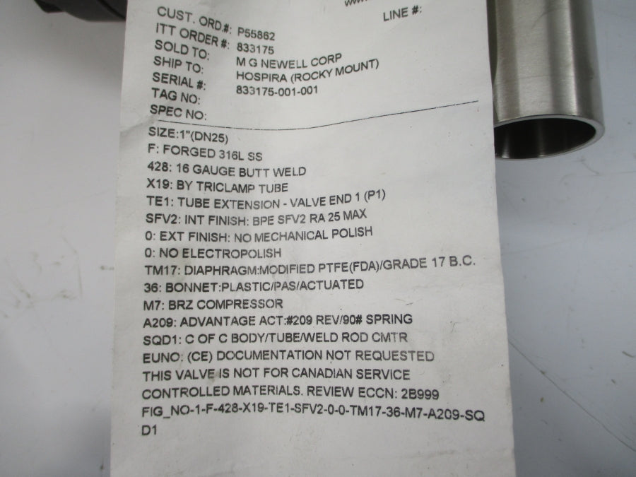 ITT 1-F-428-X19-TE1-SFV2-0-0-TM17-36-M7-A209-SQD1 90PSI 1" NSNP