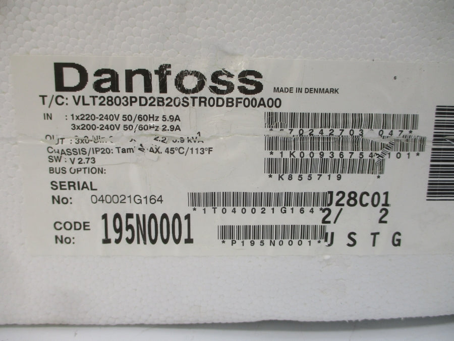 DANFOSS 195N0001 VLT2803PD2B20STR0DBF00A00 200-220/240V 5.9/2.9A NSMP