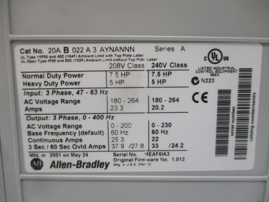 ALLEN BRADLEY 20AB022A3AYNANNN SER. A F/W 1.012 180-264VAC 20.2A NSNP