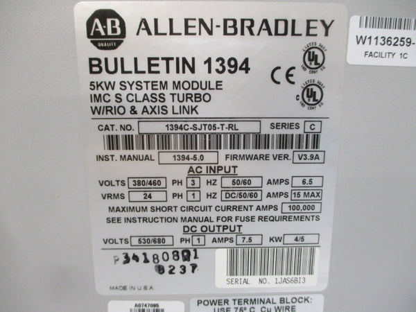 INDUSTRIAL SPARE PART 1394C-SJT05-T-RL SER. C F/W V3.9A 380/460VAC 6.5A REMAN