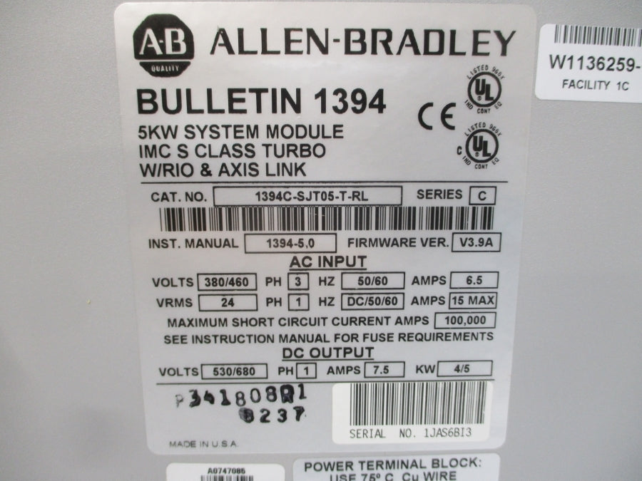 ALLEN BRADLEY 1394C-SJT05-T-RL SER. C F/W V3.9A 380/460VAC 6.5A REMAN