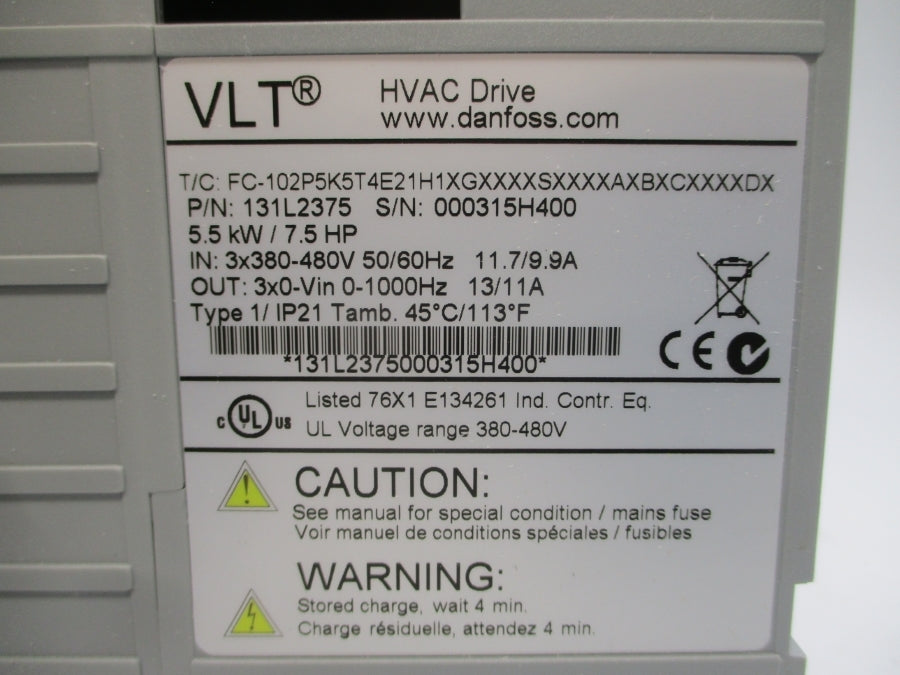DANFOSS 131L2375 FC-102P5K5T4E21H1XGXXXXSXXXXAXBXCXXXXDX 380-480V 11.7/9.9A NSMP