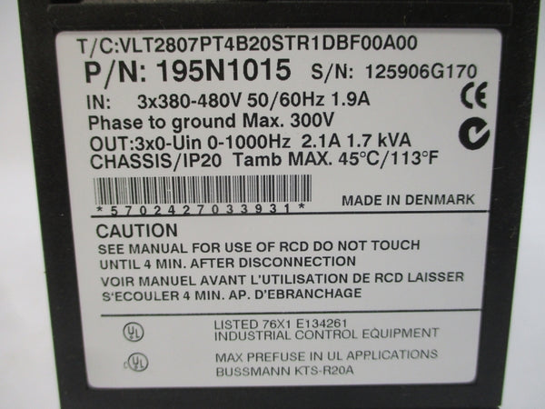 DANFOSS 195N1015 VLT2807PT4B20STR1DBF00A00 380-480V 1.9A NSNP