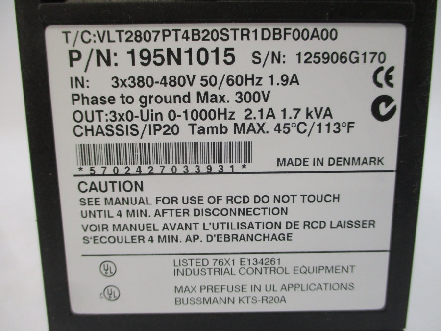 DANFOSS 195N1015 VLT2807PT4B20STR1DBF00A00 380-480V 1.9A NSNP