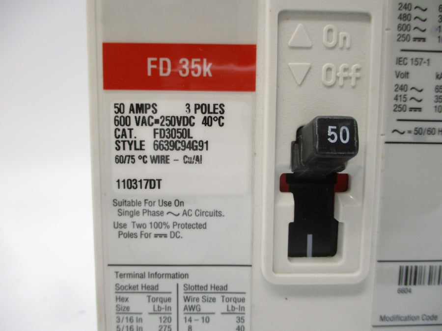 EATON FD3050L 6639C94G91 SER. C 600VAC 50A NSMP