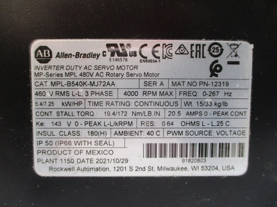 INDUSTRIAL SPARE PART MPL-B540K-MJ72AA SER. A 480VAC 20.5A NSNP