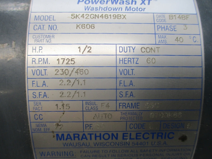 MARATHON ELECTRIC K606 5K42GN4619BX 230/460V 2.2/1.1A UNMP
