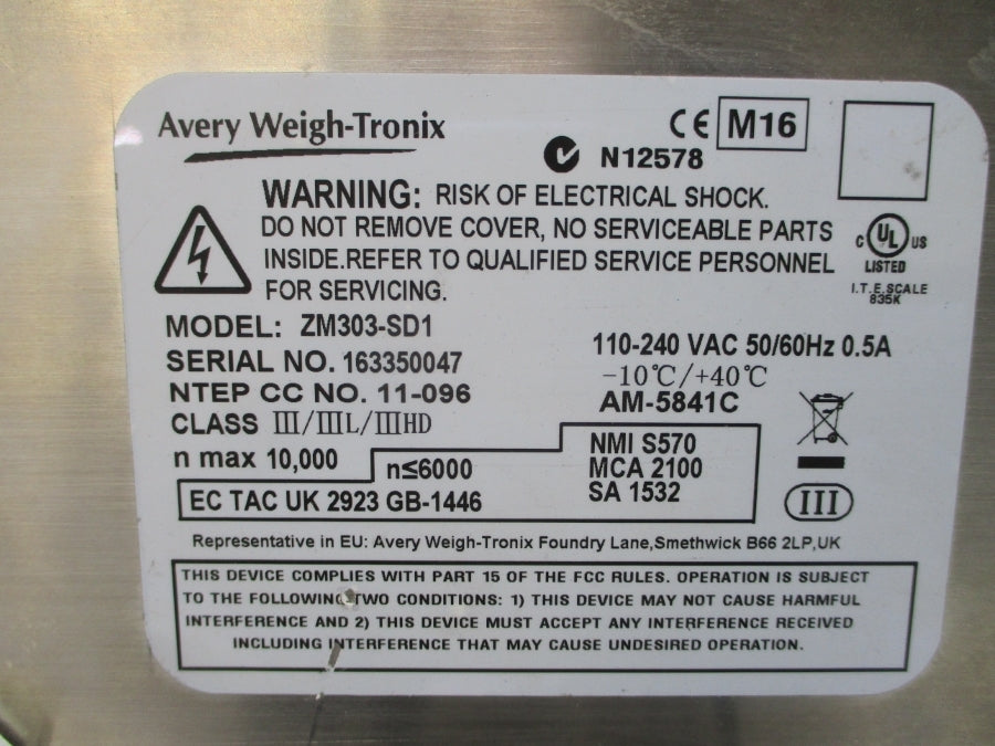AVERY WEIGH-TRONIX ZM303-SD1 110-240VAC 0.5A UNMP
